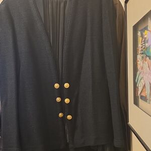 Black Knit Double-Breasted Blazer with Gold Buttons